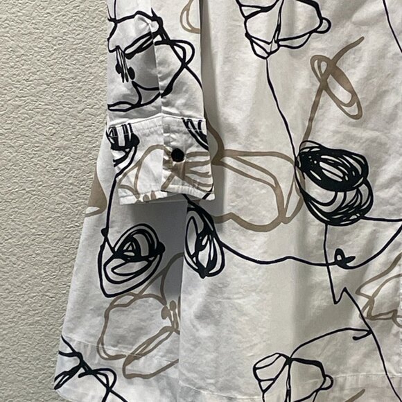 COMFY USA Tunic/Mini Dress Button Up Long Slve Abstract Floral White/Black/Tan L - Picture 4 of 13